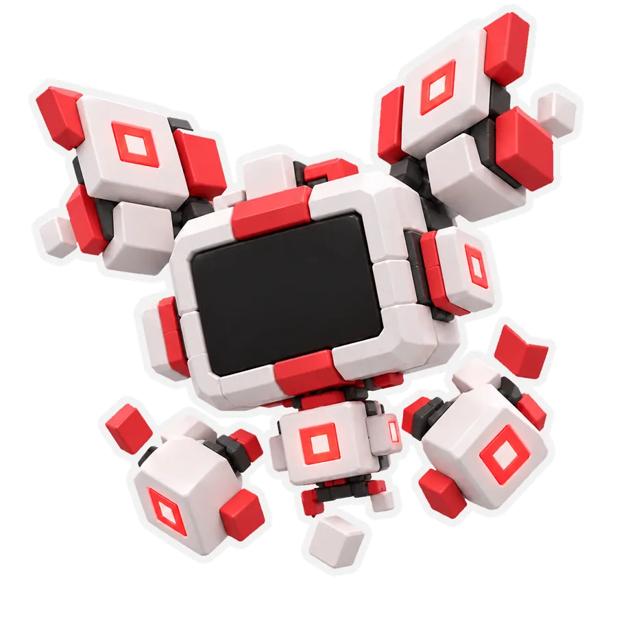 Piko, a floating white and coral robot